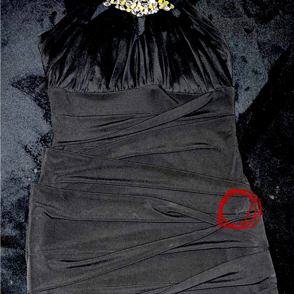 Black mini dress, black mesh detailing, Crystal chest piece!